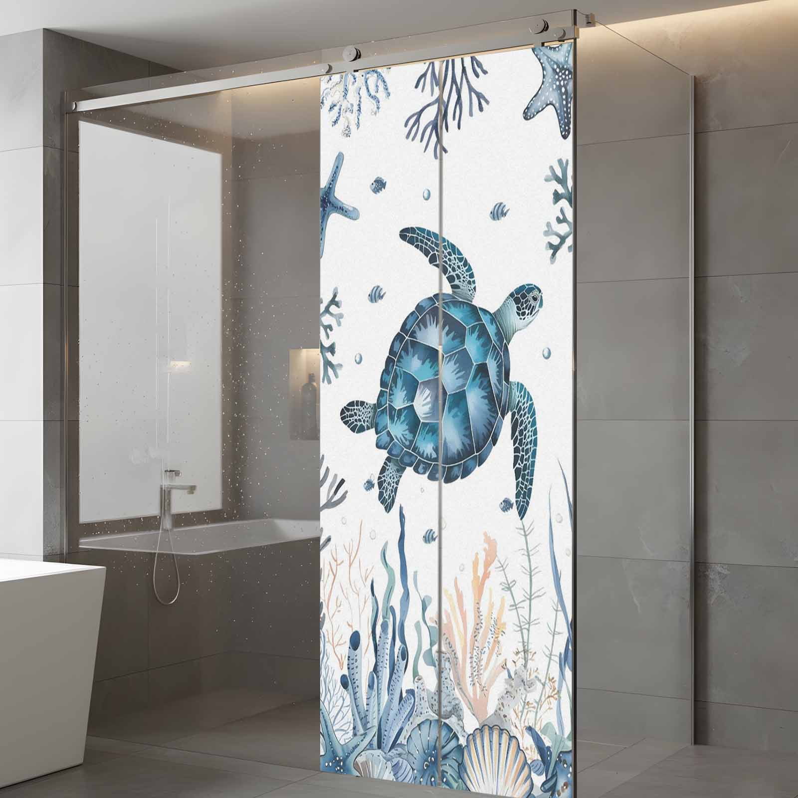 Sea Turtle Window Privacy Film, Ocean Coral Starfish Seagrass Frosted Glass Window Clings Static Cling UV Heat Blocking Reusable Door Sticker for Bathroom 23.6 x 59 Inch