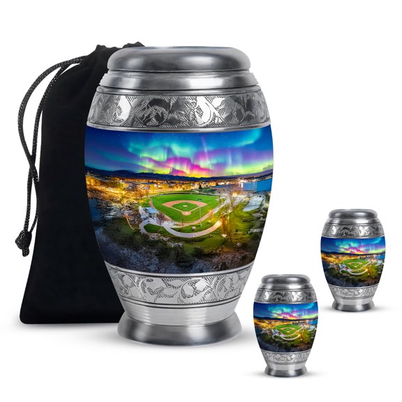 Yatskia Baseball Ground with Northern Lights Large Cremation Urns for Human Ashes Adult Brother and Sister, Small Memorial Keepsake Urn for Adult Ashes, (Monar 10 Inch and 3 Inch)