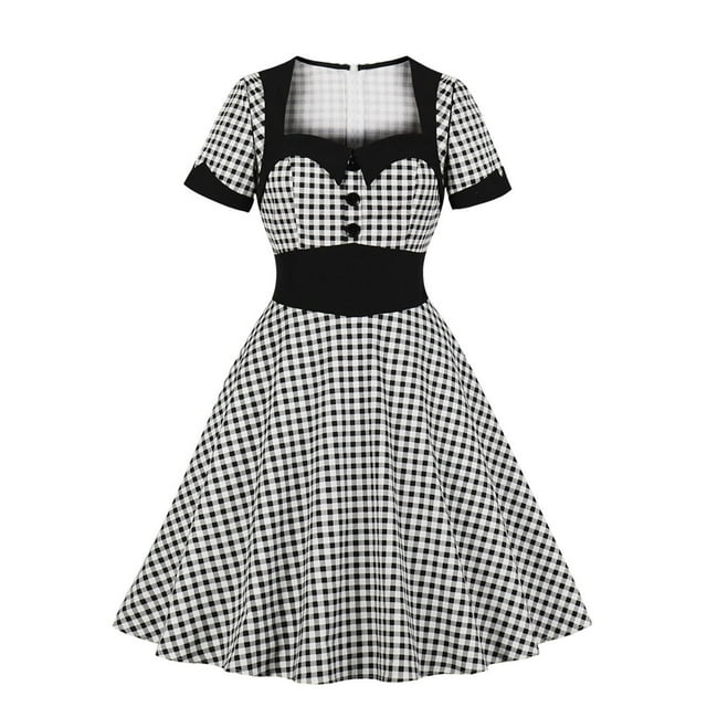 Robe Vintage pour Femmes des Années 1950 Rétro Rockabilly de Soirée Bal Manches Courtes Élégante Cocktail Ligne A Évasée Robe Swing