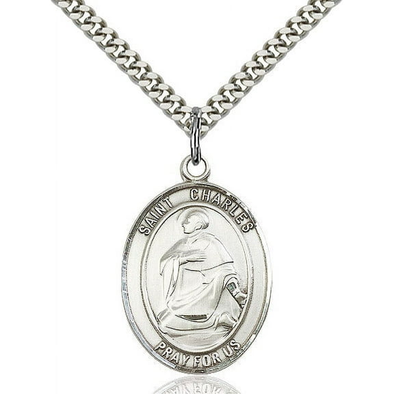 Extel Large Oval Sterling Silver St. Charles Borromeo Pendant with 24" chain, Made in USA