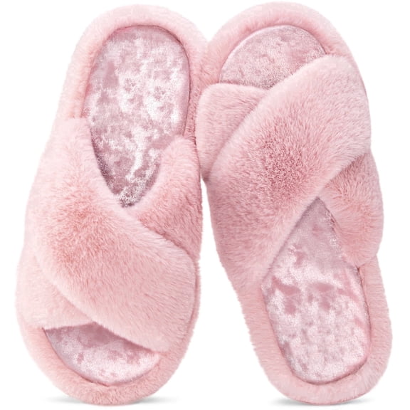 Home Top Women's Open Toe Slippers Fluffy Cross Band House Shoes with Anti Skid Sole for Outdoor Rosy Venus,5-6 US