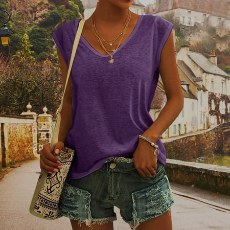 DondPO Going Out Tops for Women Corset Tops Womens Casual Solid V Neck Short Sleeve Vest T Shirt Loose Fit Tank Tops Tank Top for Women Camisole Tops Purple L