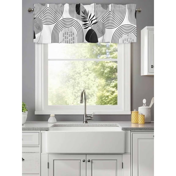 Curtain Valance for Windows,Bohemian Arch Abstract Geometric Kitchen Valances Rod Pocket Short Curtains,Gray Tropical Palm Leaf Window Treatment Panel for Bedroom Bathroom 42x12in