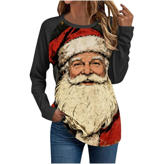 Christmas Shirts for Women Long Sleeve T-Shirt with Black Raglan Sleeves and Santa Claus Print Crew Neck Holiday Fashion Top My Items