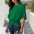 thumbnail image 2 of Htigea Women's Crewneck Cropped T-Shirt Half Sleeve Elastic Hem Tops Casual Loose Fit T Shirt Summer Cute Tees Green S, 2 of 6