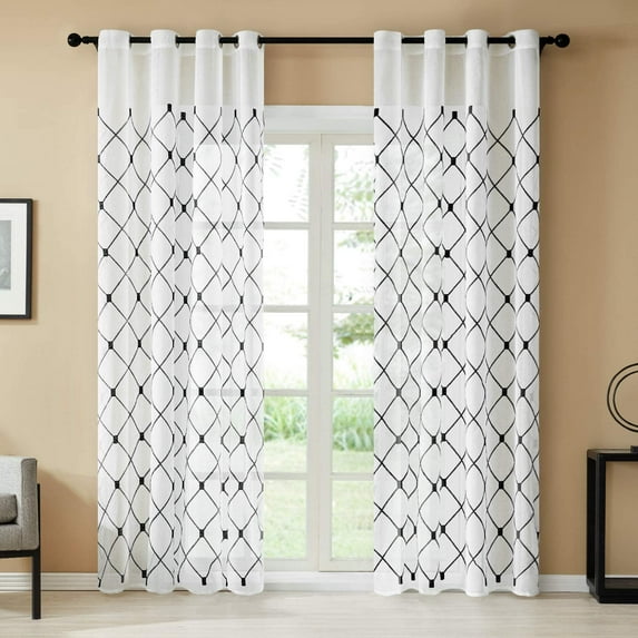 Topfinel White Sheer Curtains 90 Inches Long Black Embroidered Diamond Grommet Window Curtains for Living Room Bedroom, 2 Panels