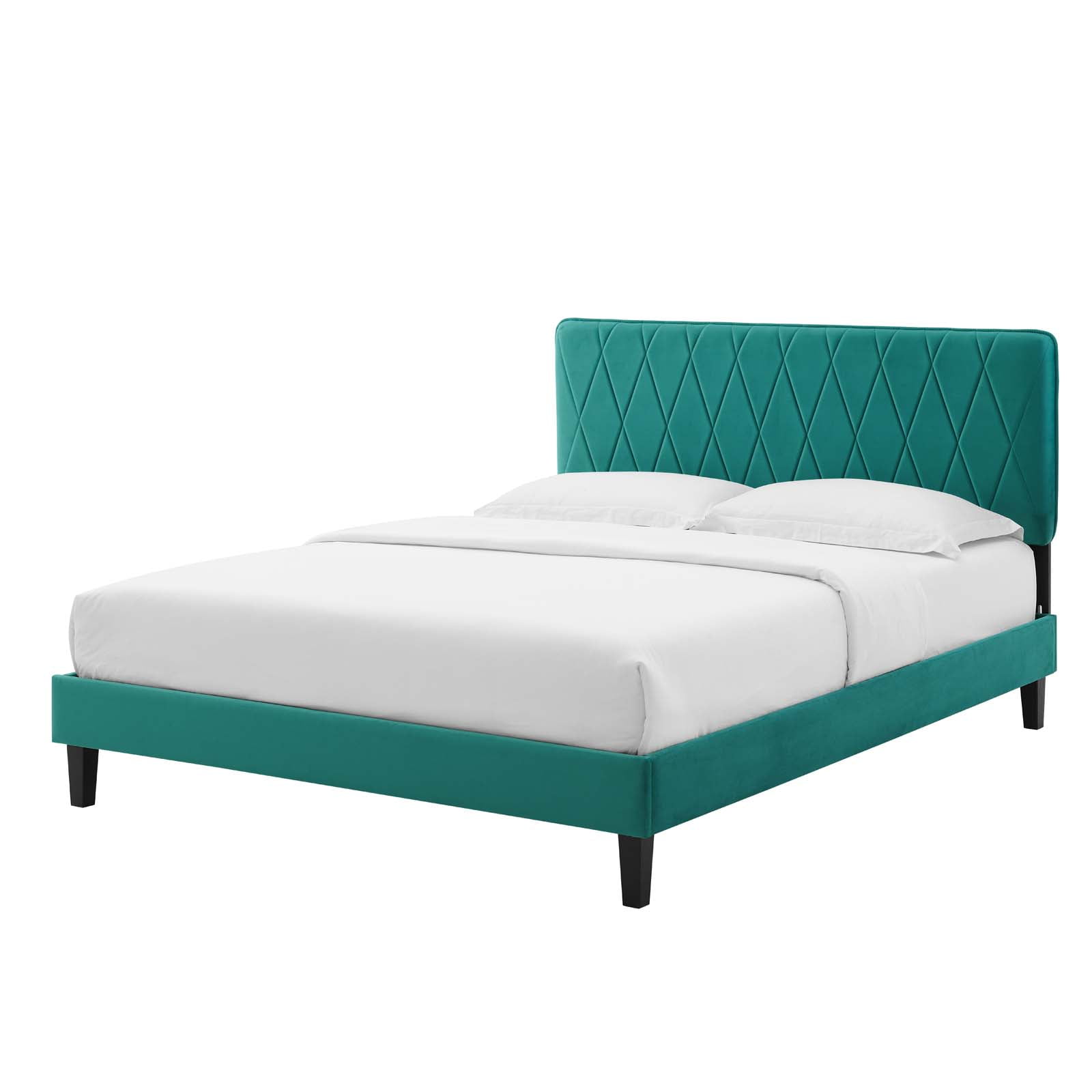 Platform Bed Frame, King Size, Velvet, Teal Blue, Modern Contemporary