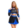 thumbnail image 1 of Aislor Womens Shiny Rhinestone Cheerleading Uniform 2 Piece Set Long Sleeve Crop Top & Skirt For Dance Royal  Blue L, 1 of 7