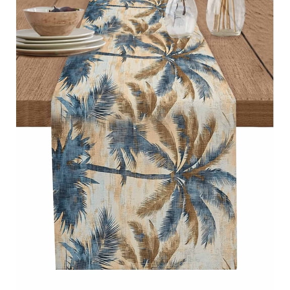 Hokiten Table Runners 90 Inches Long Dress Scarves, Navy Blue Brown Farmhouse Coffee/Dining/Kitchen Table Runner for Living Room, Tropical Botanical Palm Leaves Retro 13x90 Inch