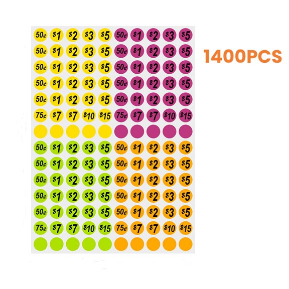 Monebena Garage Sale Price Stickers, 1400 PCS Round Garage Sale Stickers, Price Stickers for Yard Sales, Flea Markets, County Fairs & Retail Use, 3/4 Inch Pricemarker Labels, 4 Colours Price Tags
