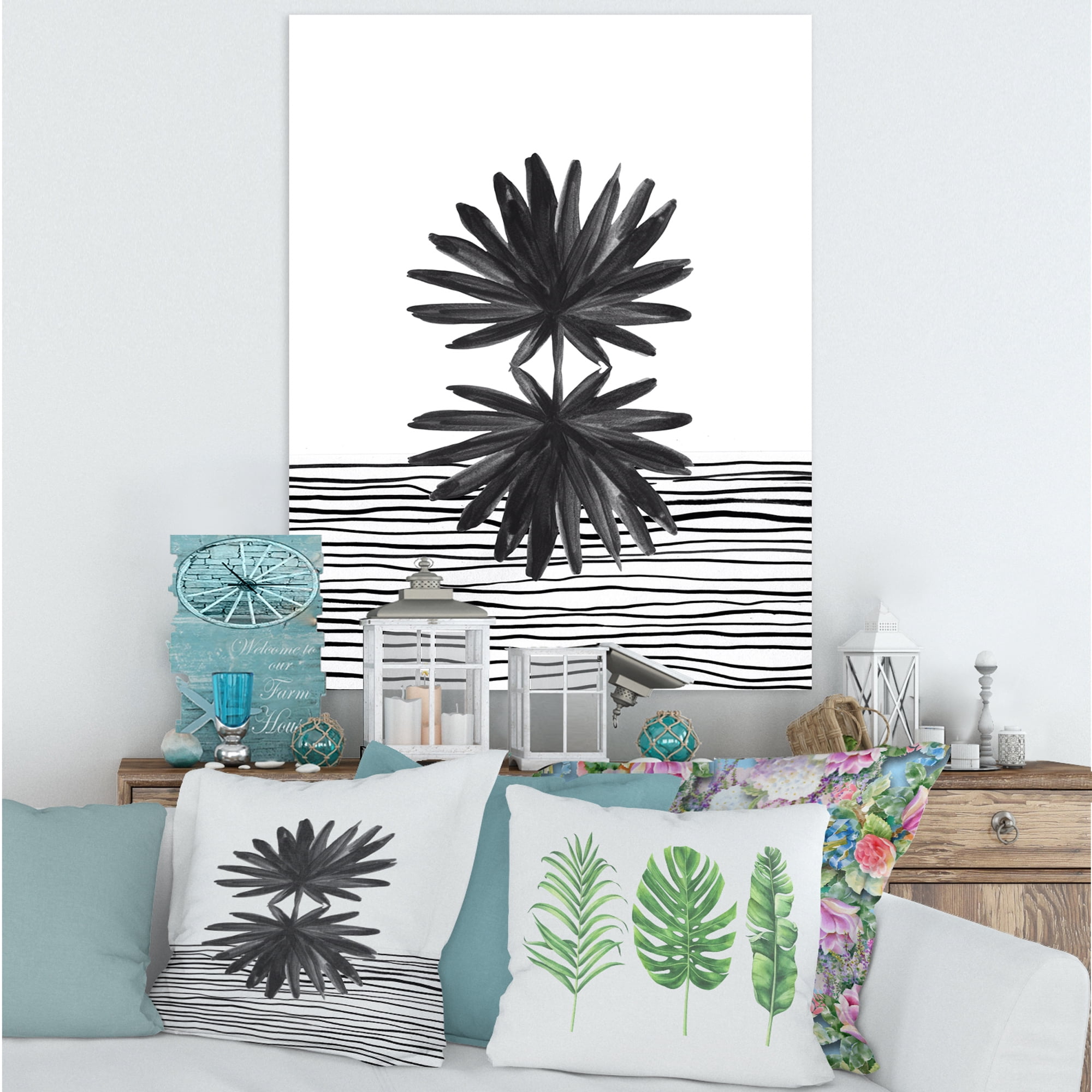 Designart ' Black and White Striped Under Tropical Leaf II ' Modern Canvas Wall Art Print
