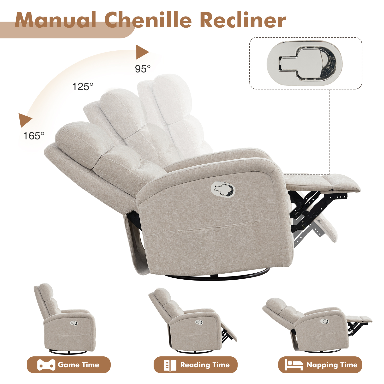 Aemeios Manual Swivel Rocker Recliner, Chenille Nursery Chair with Pockets, Camel