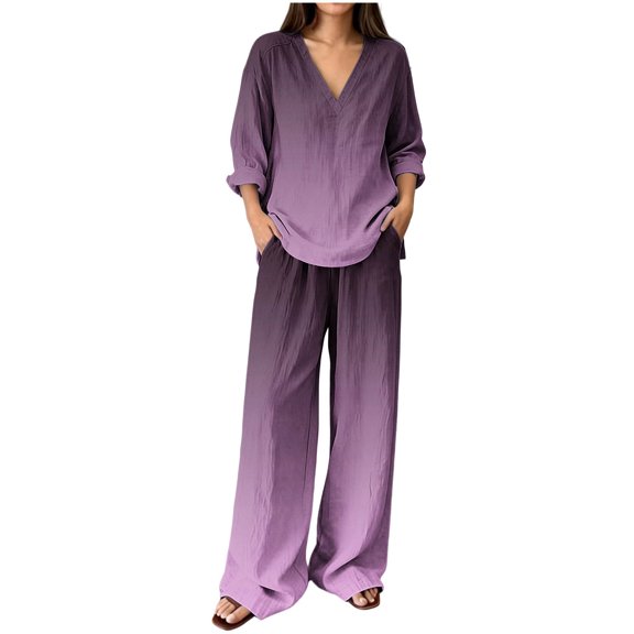 HAiming Plus Size 2 Piece Sets for Women Color Block Long Sleeve Trendy Tops Wide Leg Pants with Pockets Lounge Sets