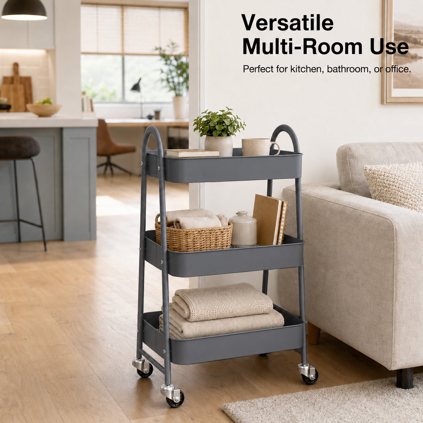 Alvantor 3-Tier Rolling Cart, Metal Rolling Utility Cart with Lockable Wheels, Multi-Functional Heavy Duty Storage Cart Organizer for Bathroom, Kitchen, Living Room, Office