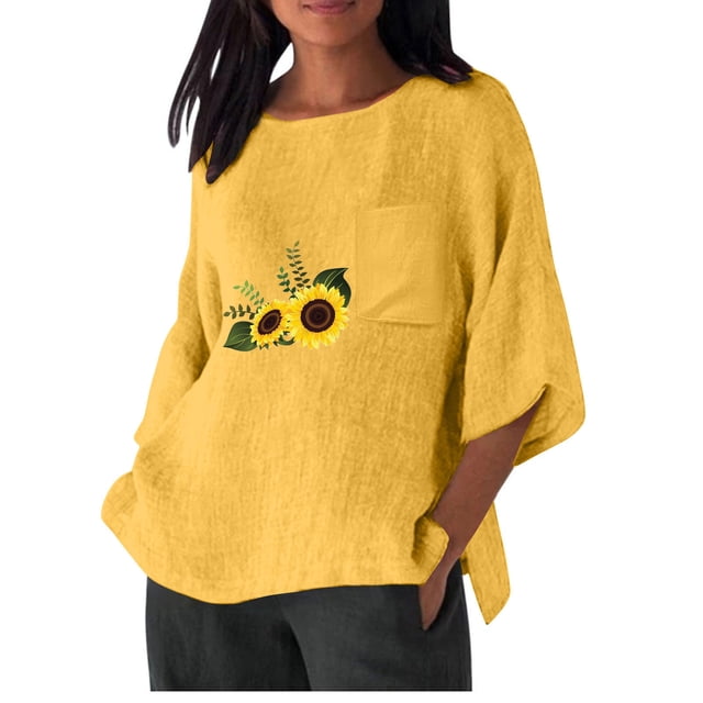 Birdeem Chemise Imitation Coton et Lin pour Femmes Manches 3/4 Col Rond T-Shirt Ample Décontracté Léger et à la Mode Haut d'Été