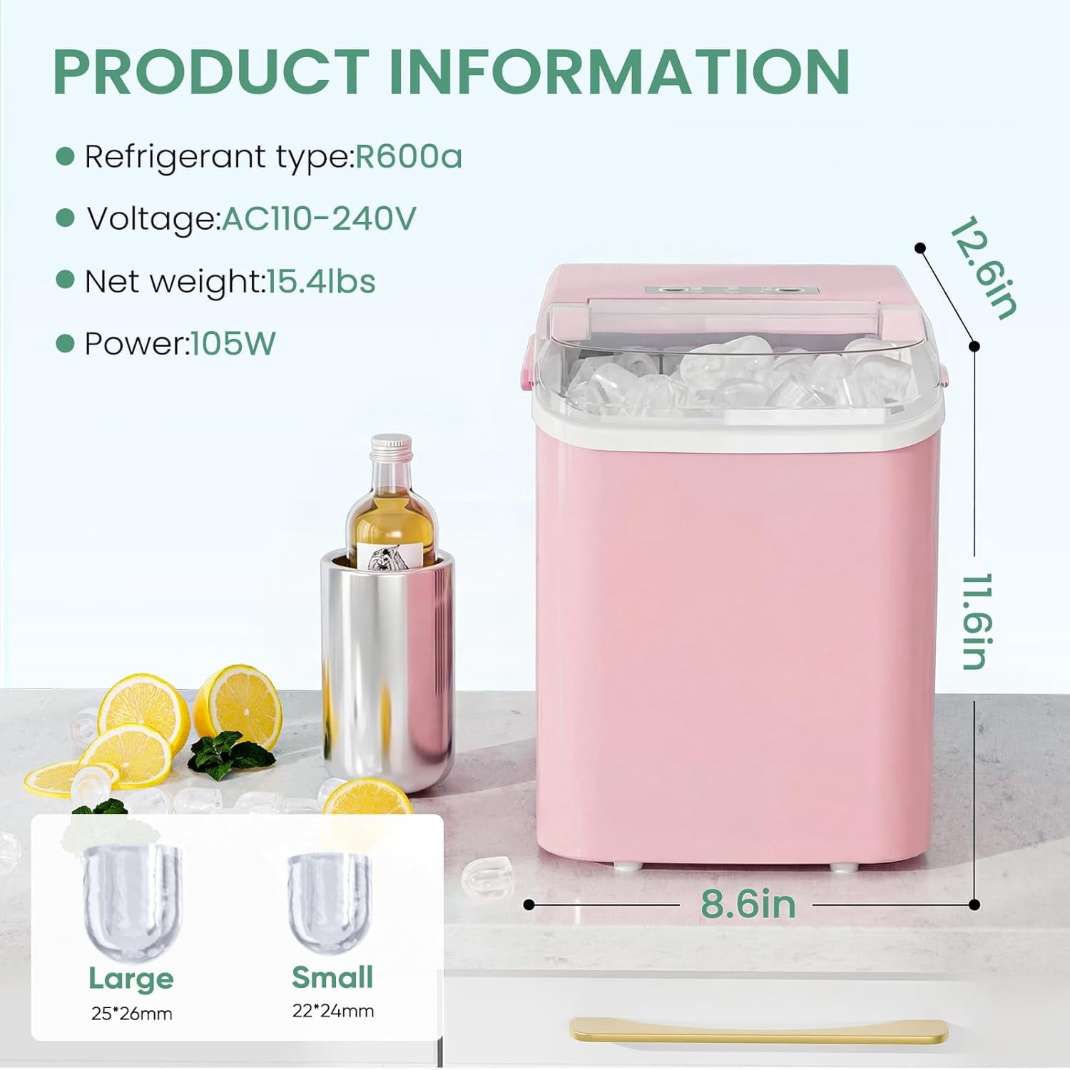 Portable Ice Maker Machine Countertop with Handle, 9 Bullet Ice Cubes in 6 Minutes, 26lbs Daily, Auto-Cleaning, Includes Basket and Scoop, for Home Kitchen RV Camping Light Pink