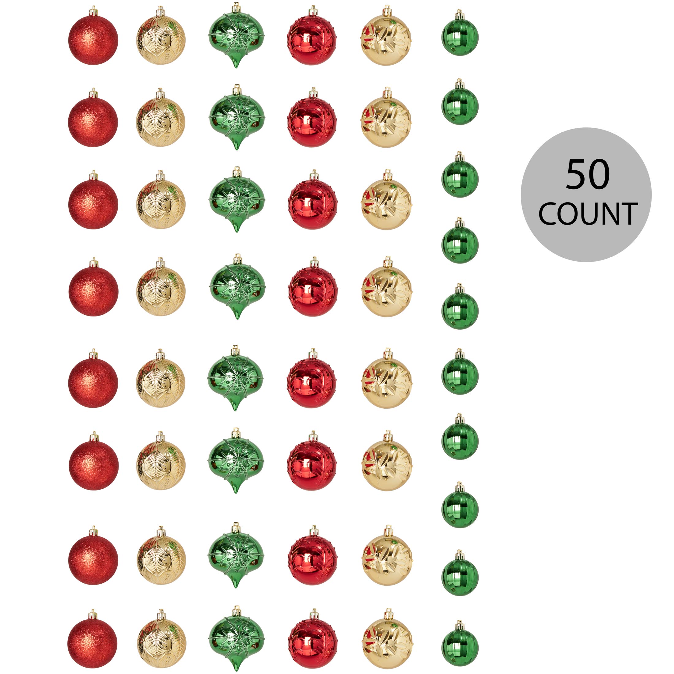 Red, Green and Gold Shatterproof Christmas Ball Ornaments, 50 Count, by Holiday Time