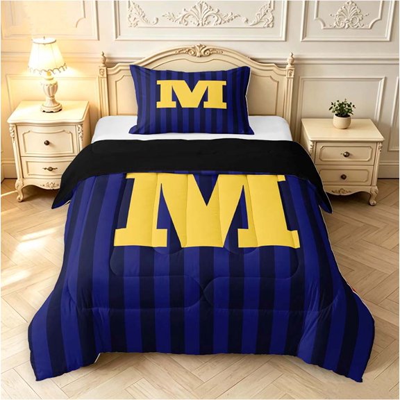 Manfei Modern Letter M Twin Comforter Sets,Abstract Stripes Bedding Set,Navy,Black Reversible,2pcs,1 Comforter and 1 Pillowcase