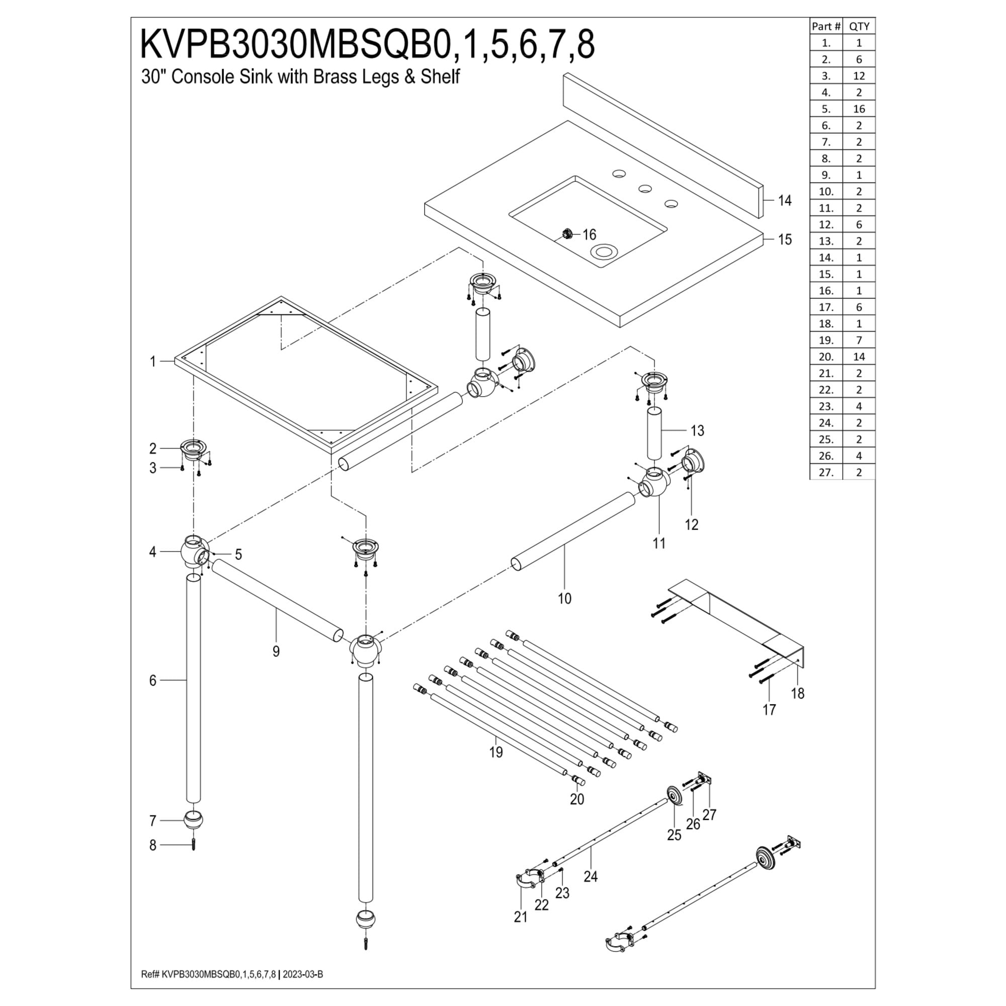 Kingston Brass KVPB3030MBSQB8 Templeton 30" Rectangular Brass, Marble Console Bathroom