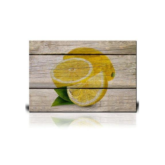 wall26 Canvas Print Wall Art Yellow Meyer Lemon On Wood Panels Food Culinary Digital Art Modern Rustic Scenic Multicolor Colorful for Living Room, Bedroom, Office - 16"x24"