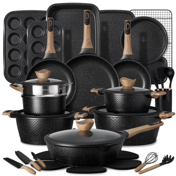 Carote 40-Piece Nonstick Cookware Set, Pots and Pans Set with Detachable Handle, Induction Compatible, Oven & Dishwasher Safe, Black Granite