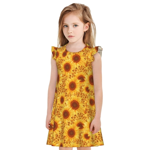 Balery Vintage Leopard Print Sunflower Camisón de princesa para niñas, pijama de algodón con mangas abullonadas, suave y bonito.-Large