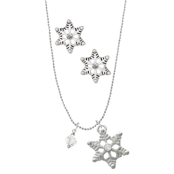 Delight Jewelry April - Clear Crystal Bicone Silver tone Snowflake Charm Necklace and Stud Earrings
