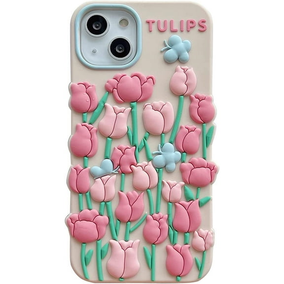 for iPhone 6/7/8 Case, Kawaii Phone Cases 3D Silicone Cartoon Tulip Flower Butterfly Cute Pink Case for iPhone SE2/SE3 Soft Rubber Shockproof Protective Case for Women Girls