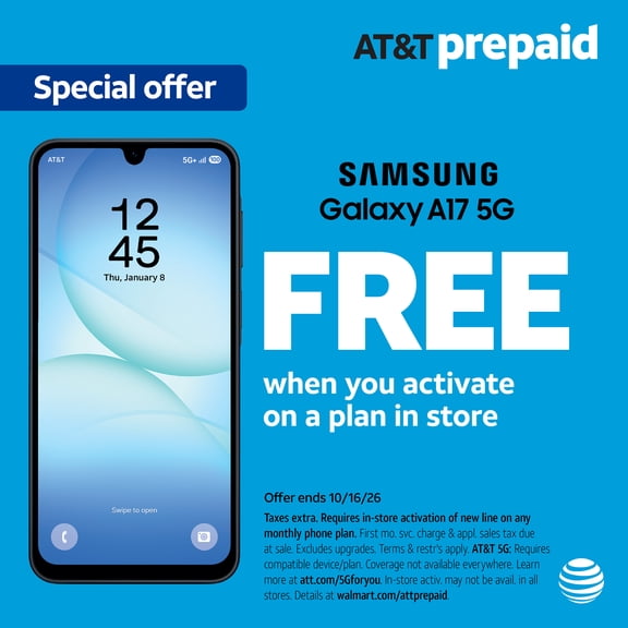 AT&T Samsung Galaxy A17 5G, 128GB, Black - Prepaid Smartphone[Locked to AT&T]