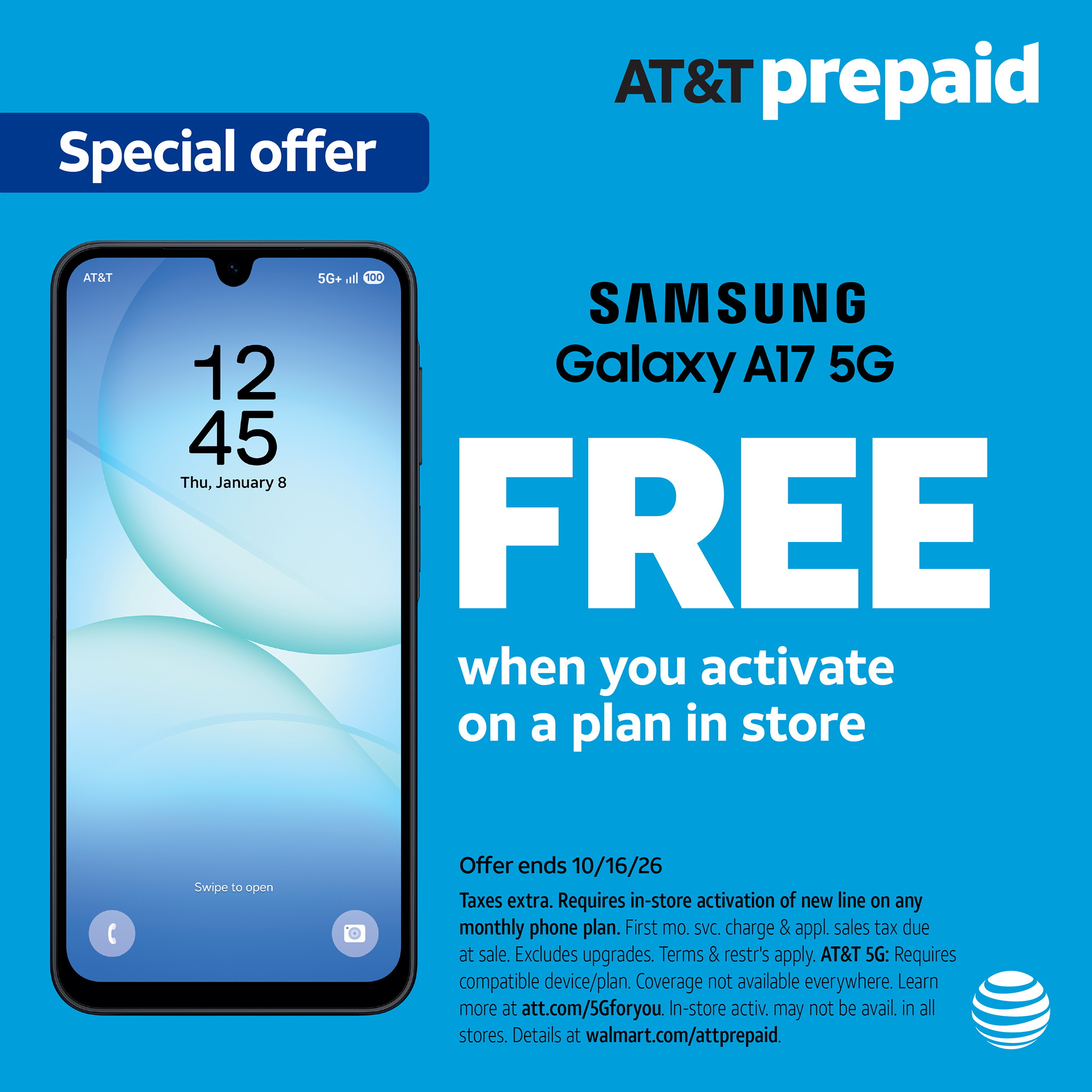 AT&T Samsung Galaxy A17 5G, 128GB, Black - Prepaid Smartphone[Locked to AT&T]