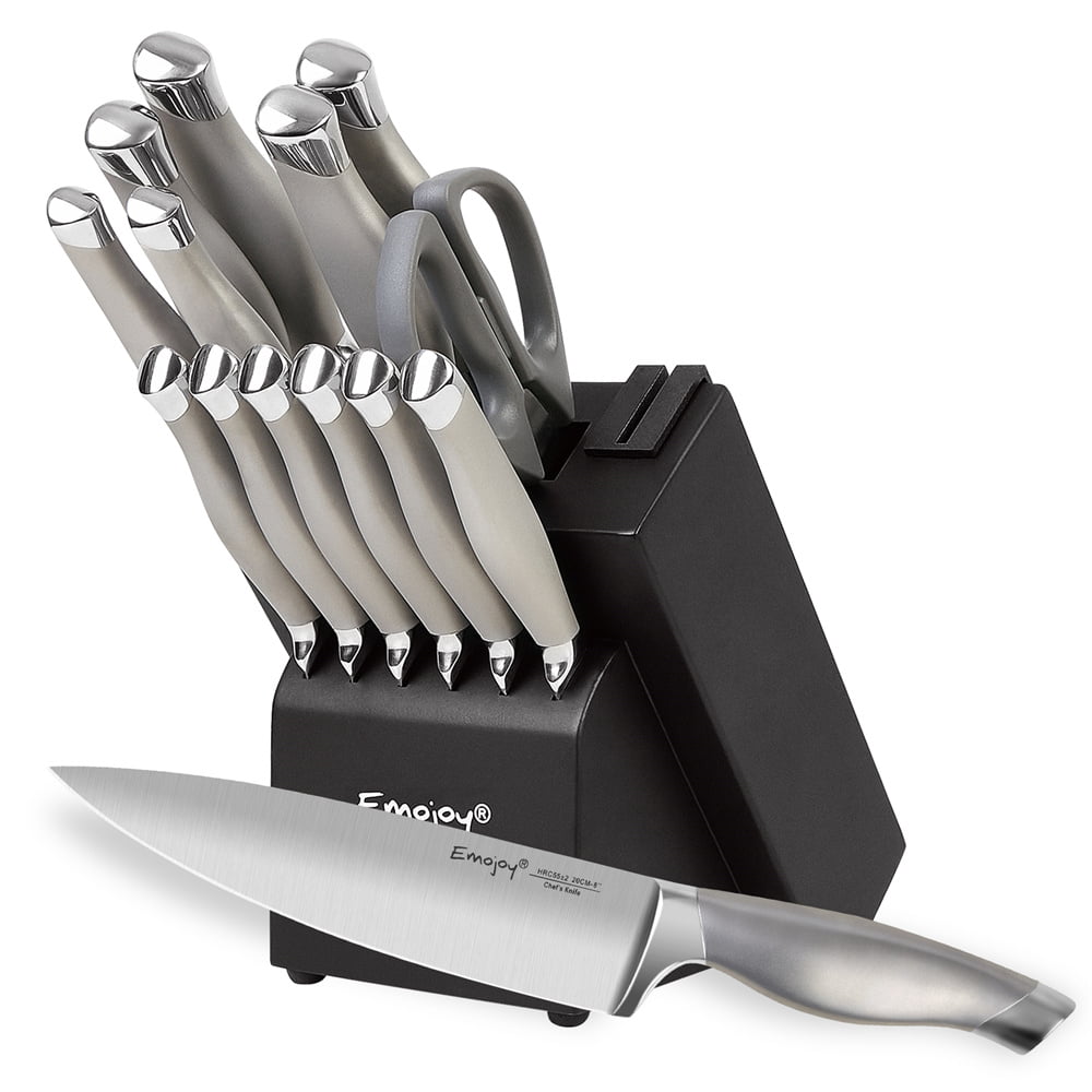 Emojoy Knife Set with Block, 15 Pieces Kitchen Knife Set with Built-in  Sharpener, German Stainless Steel Sharp Chef Knife Set with Hollow Handle