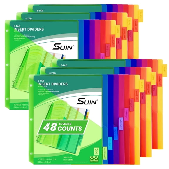 SUIN 8-Tab Binder Dividers with Pockets, for 3 Ring Binder, Multicolor, 48 Count, 6-Pack