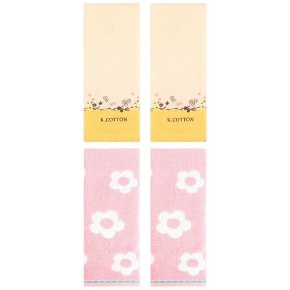 Unique Bargains Floral Cotton Hand Towel Set 4 Pcs Pink/Yellow 14" x 30"/13" x 29"