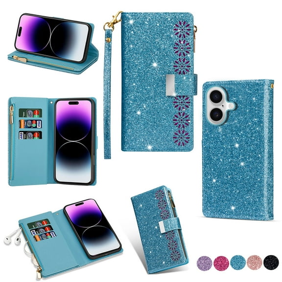 Wallet Case for iPhone 16, Glitter Bling Flip Folio Leather Protective Magnetic Stand Zipper Purse Phone Cover with 9 Card Slot Holder Wrist Strap for Women, Skyblue
