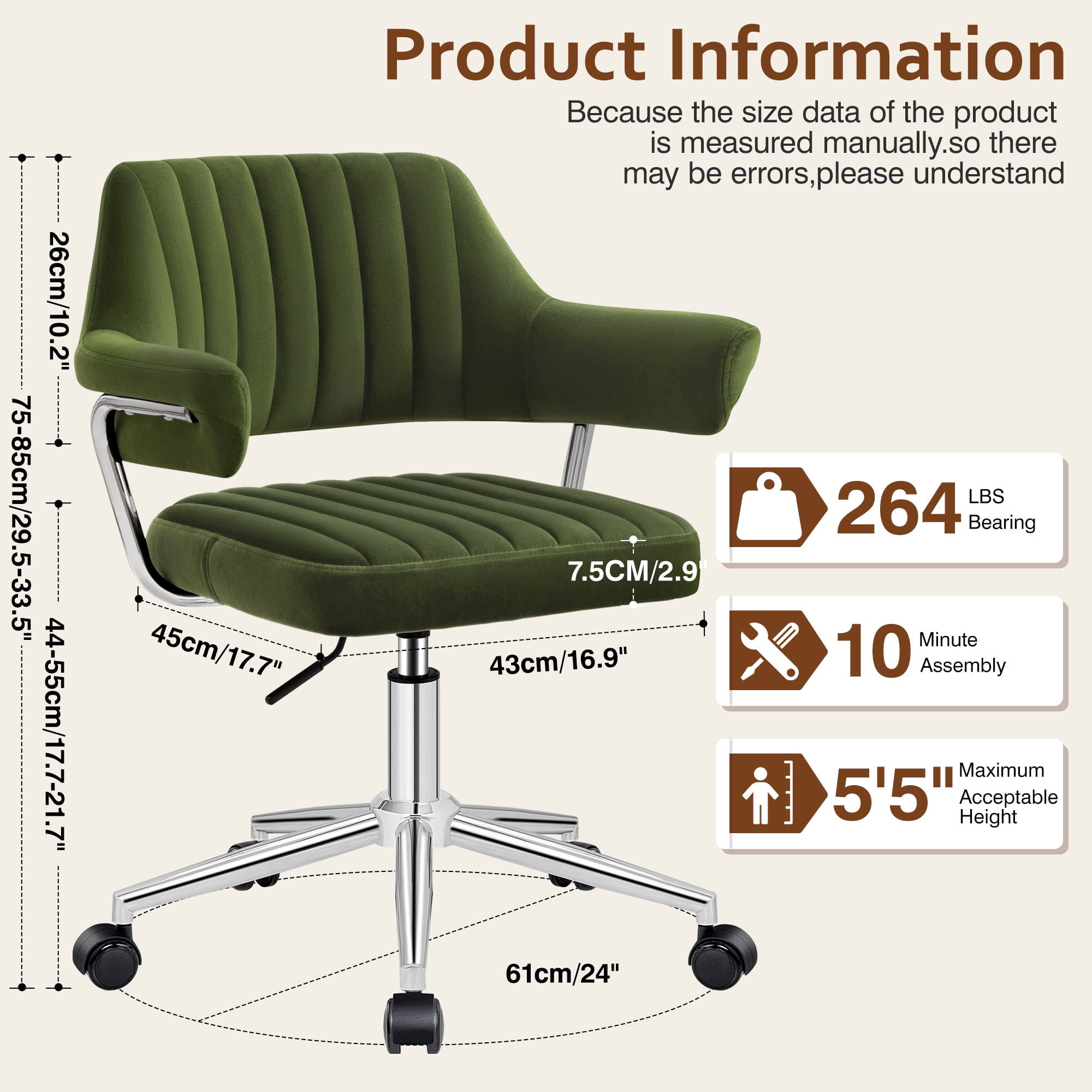 COOLHUT Modern Swivel Office Desk Chair, Velvet Leather Chair with Back and Wheels, Height Adjustable Comfy Home Office Chair, Simple Assembly For Living Room, Bed Room, Green