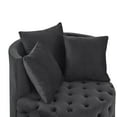 thumbnail image 3 of 30" W Swivel Barrel Chair, Button Tufted Round Accent Chair with 3 Pillows & Wheels, Velvet Upholstered Round Sofa, Oversized Armchair Cozy Reading Chair for Bedroom, Living Room, Hotel, Black, 3 of 7