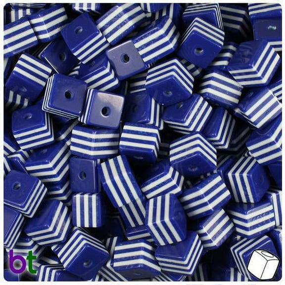 BeadTin Dark Blue & White Striped 8mm Cube Resin Beads (100pcs)