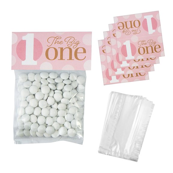 Fun Express 4" x 5 1/2" Bulk 50 Pc. Pink Girl’s First Birthday Cellophane Treat Bags