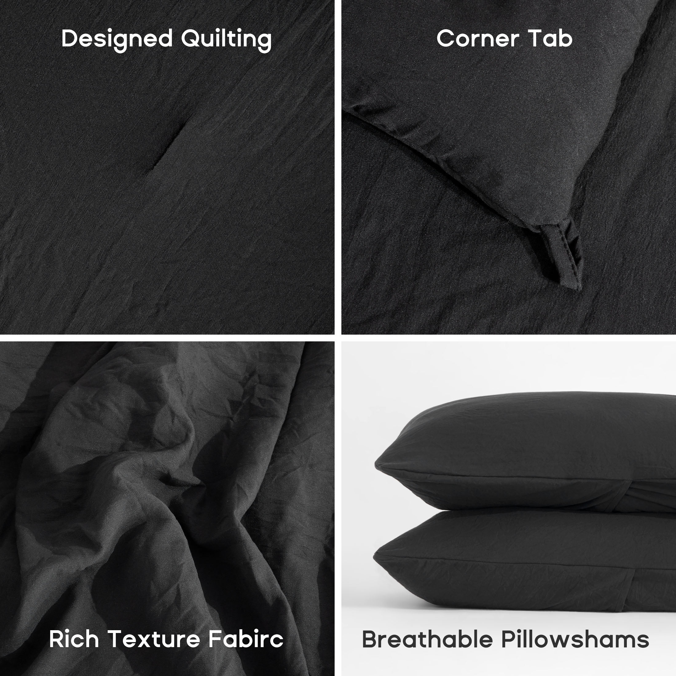 Sonive Washed Comforter Sets Queen 3 Piece, Soft and Cozy, Fluffy Microfiber Fill, Washed Textured Wrinkled Design (Black)