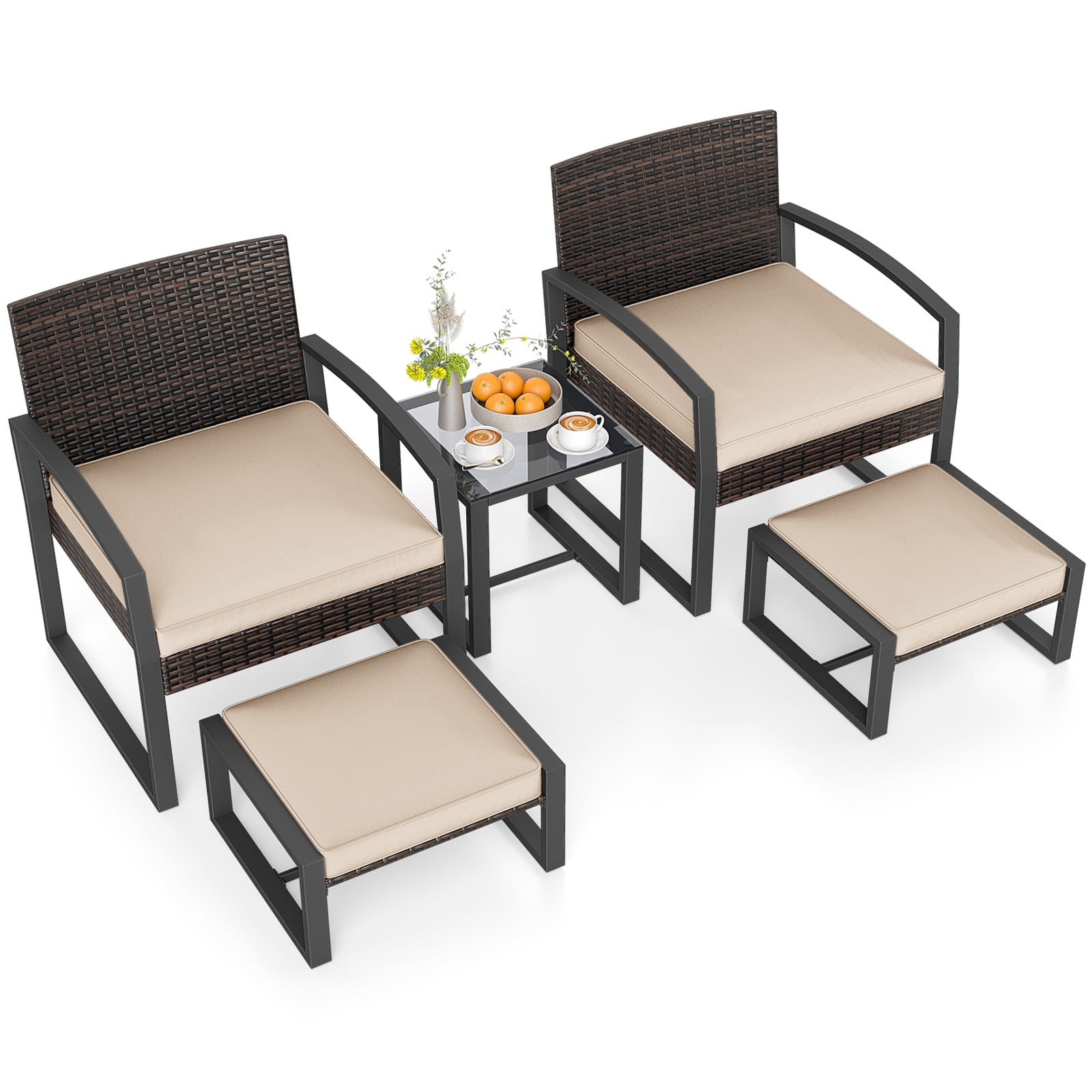 Gymax Furniture Set Patio Rattan Conversation Set for BalconyPorch Backyard Outdoor Beige