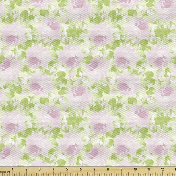 Ambesonne Shabby Flora Fabric by the Yard Upholstery, Spring Yard Pastel, 2 Yards, Pale Pink Pale Green
