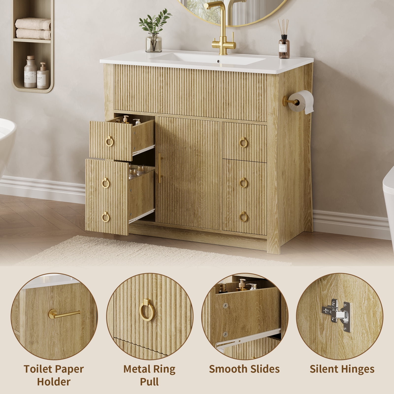 36-inch bathroom vanity, bathroom sink cabinet, with ceramic sink and drainage pipe, and equipped with 4 drawers and 1 door bathroom vanity, made of high-quality wood