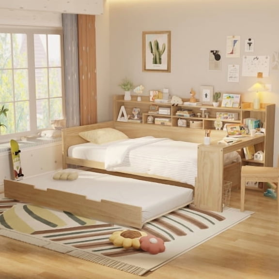 Modern Farmhouse Twin Daybed with Trundle and Desk, Storage Shelves Study Bed for Small Space Bedroom Office, Natural