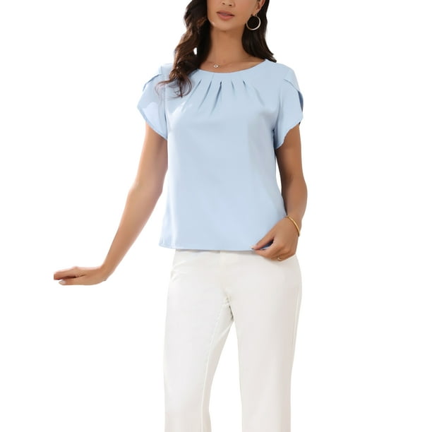INSPIRAR CHIC Estilo Top de Manga Corta para Blusas Casuales de Mujer con Frente Plisado Cuello Redondo Camisetas Básicas de Verano M Azul Claro