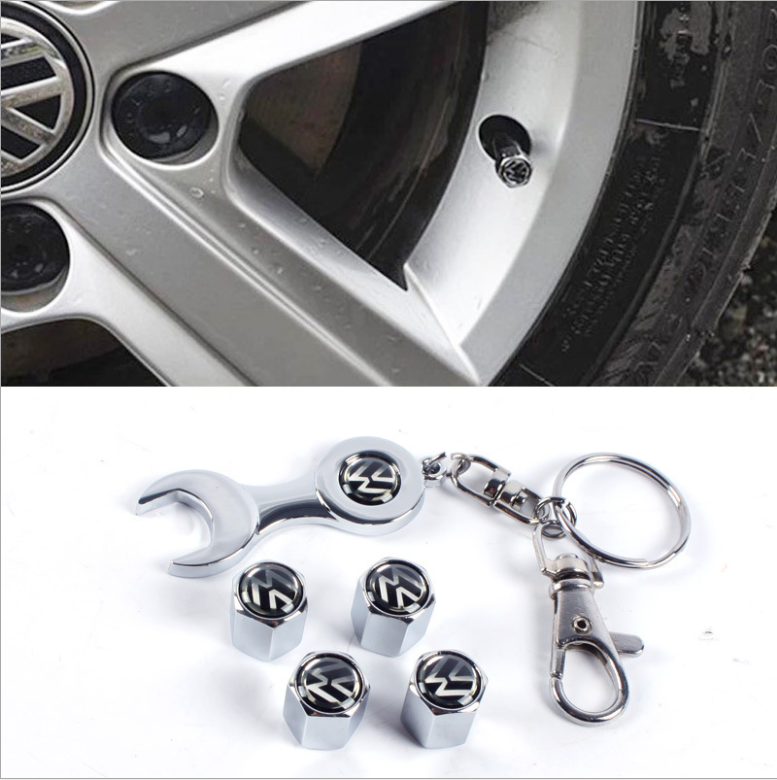 Universal Tire Valve Stem Caps with Logo Emblem, Stainless Steel (4pcs) Car  Tire Valve Stem Air Caps Cover (1pcs) Wrench Keychain for Car Truck  Bicycle， Public