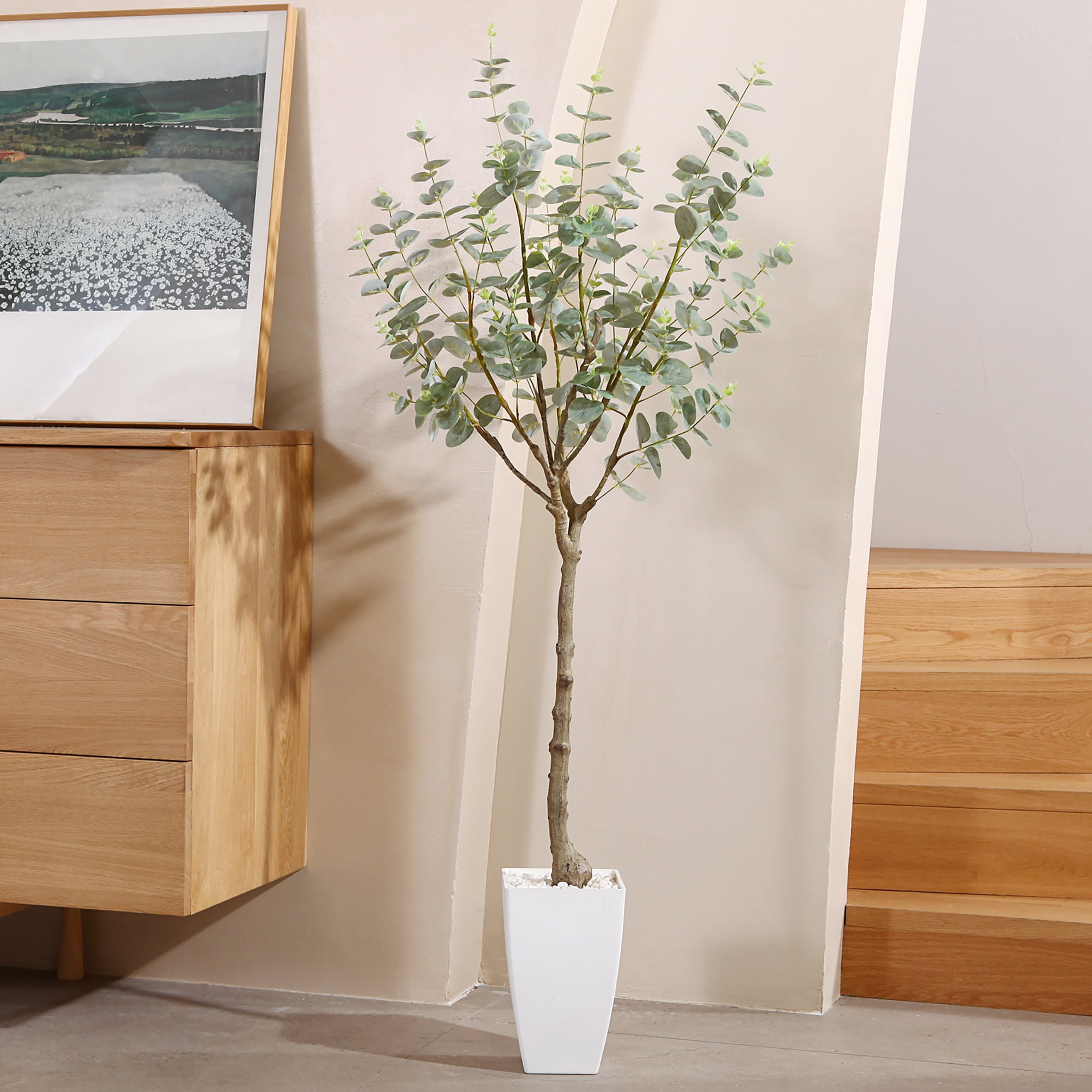 4 ft Artificial Eucalyptus Plants in White Tower Planter with Realistic Leaves and Trunk, Silk
