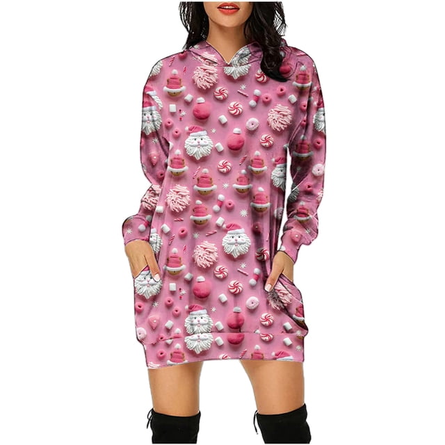 Jsaierl Robe à Capuche pour Femmes Noël Grande Taille Tunique de Noël Sweat à Capuche Robes Automne Tendance