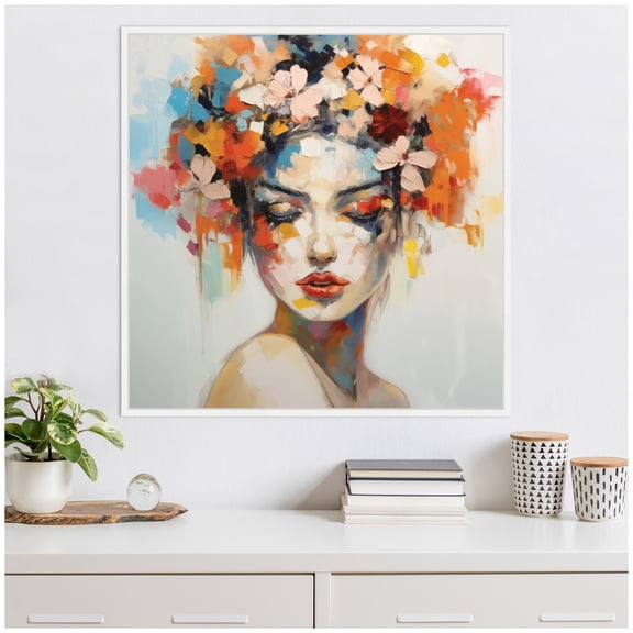 Kate and Laurel Female Figure Colorful Flowers In Hair Framed Canvas Wall Art by The Creative Bunch Studio 30 x 30 Sylvie White, Modern, Abstract, Flowers, People Art for Wall Decor, Living Room,