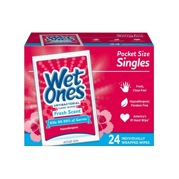 Wet Ones Antibacterial Hand Wipes Fresh Scent Individually Wrapped Single - 24 Count (Pack of 4)