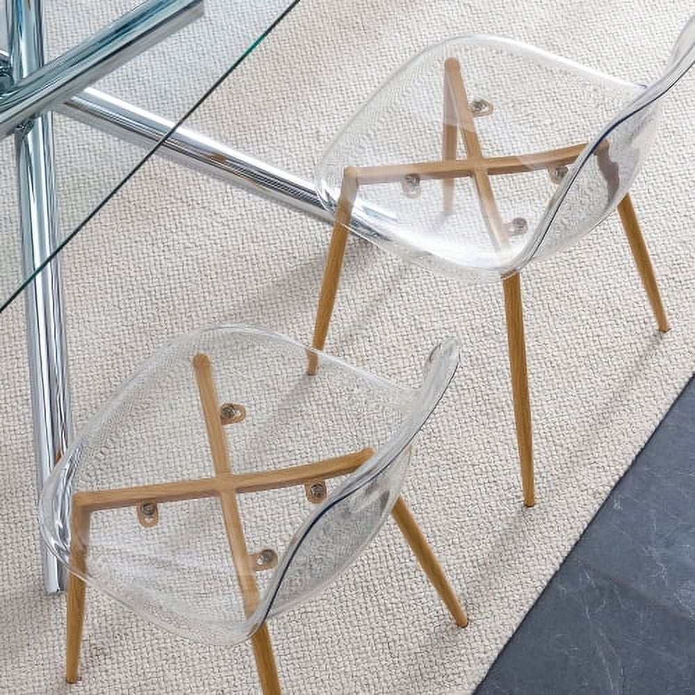 BSHTI Modern simple transparent dining chair plastic chair armless crystal chair Nordic creative makeup stool negotiation chair Set of 4 and wood color metal leg
